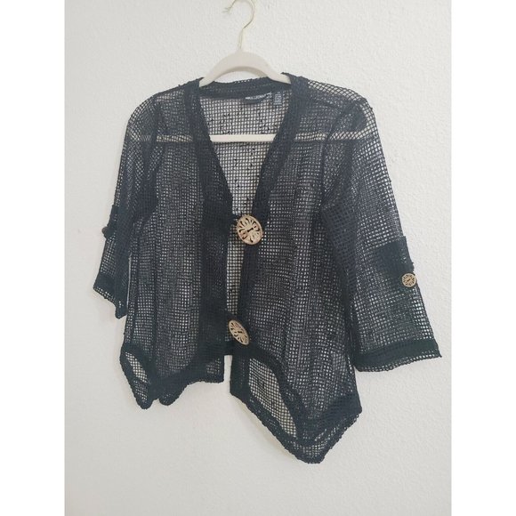 Nina Leonard Black V-Neck Netted Big Button 3/4 Sleeve Top w/uneven Hem XS - Picture 1 of 6